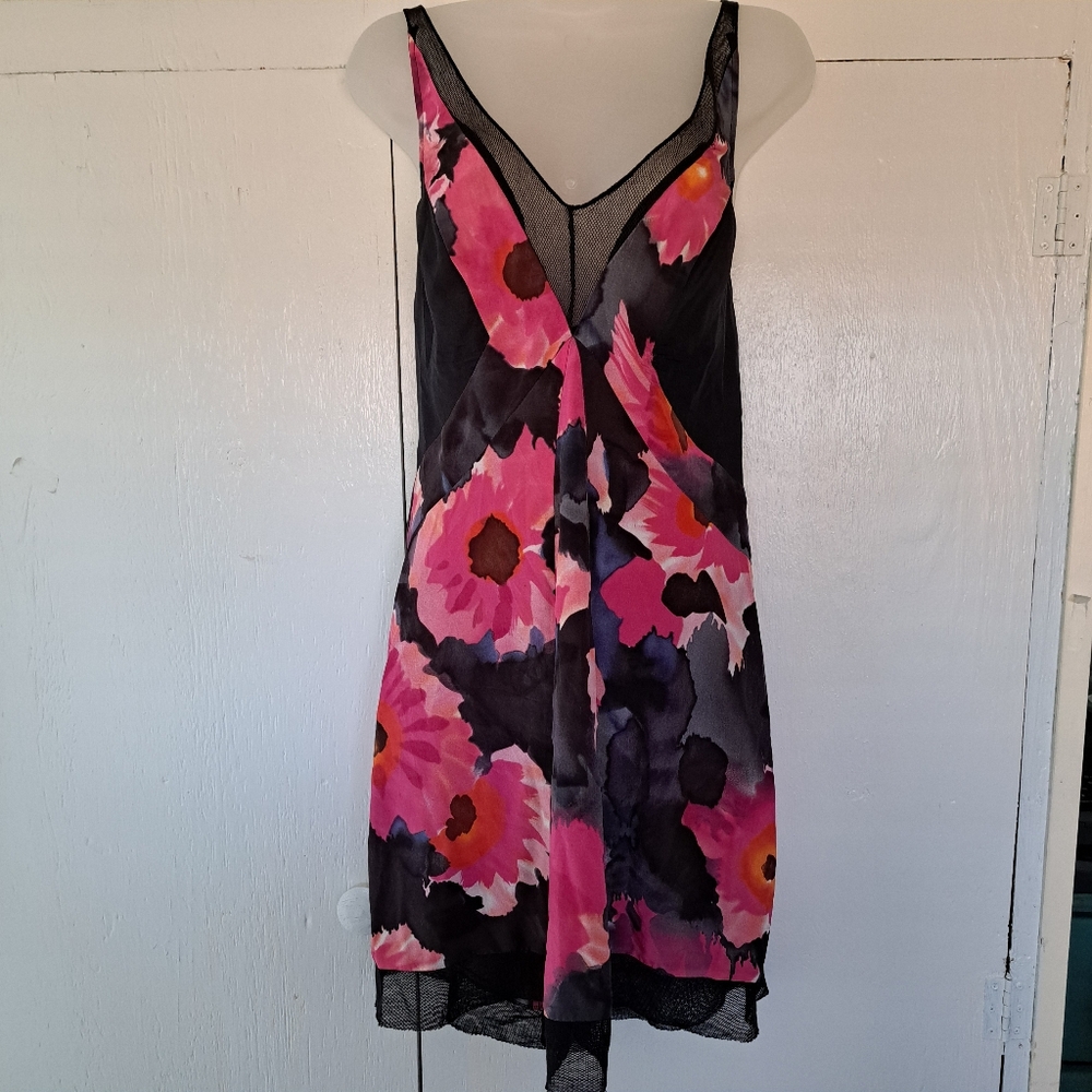 Vintage Y2K Bebe Silk Floral Black & Pink Mesh Slip Dress SZ XS